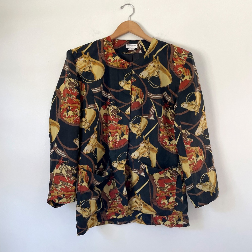 Robert Stock Silk Equestrian Longline Jacket Medium Horse Print Black Vintage